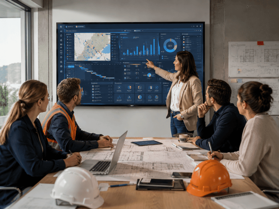 Tableau de bord ERP No-Code BTP affichant une vision complète du portefeuille chantier avec avancement, marges, alertes, planning et carte des projets